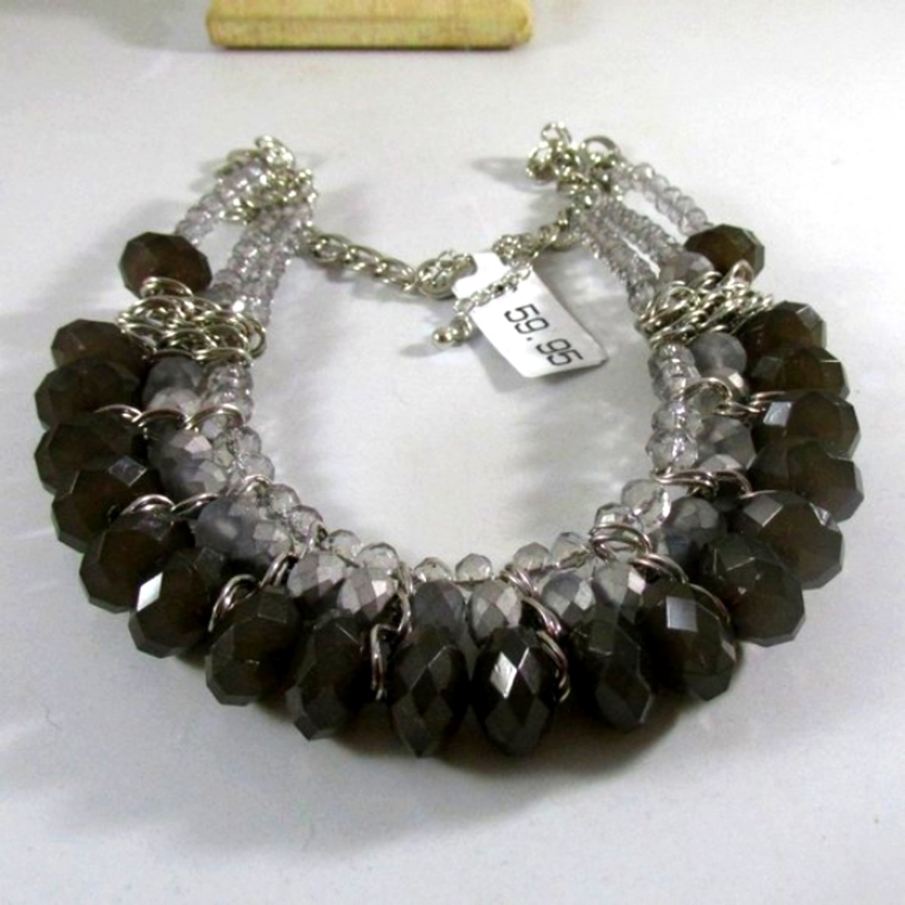 Tri Color Grey Crystal Bid Statement Rhodium Plated Necklace - Picture 3 of 5